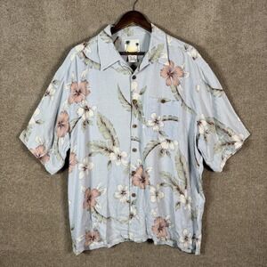 Banana Cabana Shirt Mens 2XL Blue Silk Hawaiian Floral Short Sleeve Button Up